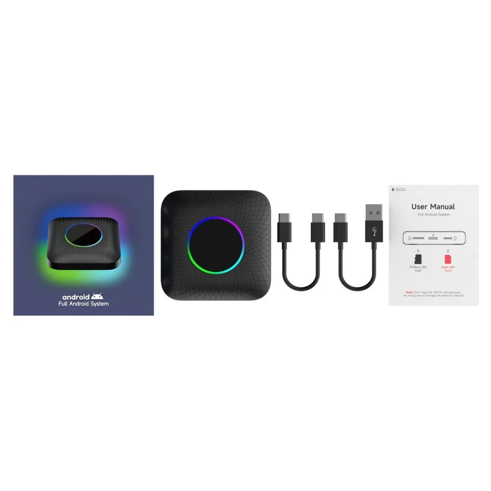 Tbox-Led Wireless CarPlay adapter with Android 13 system showing compact dimensions and connection ports