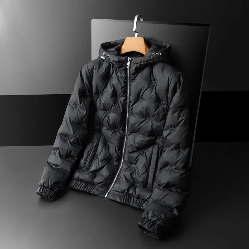 Men's plus size hooded down jacket in black with embroidered detail, winter casual Korean style coat for larger builds