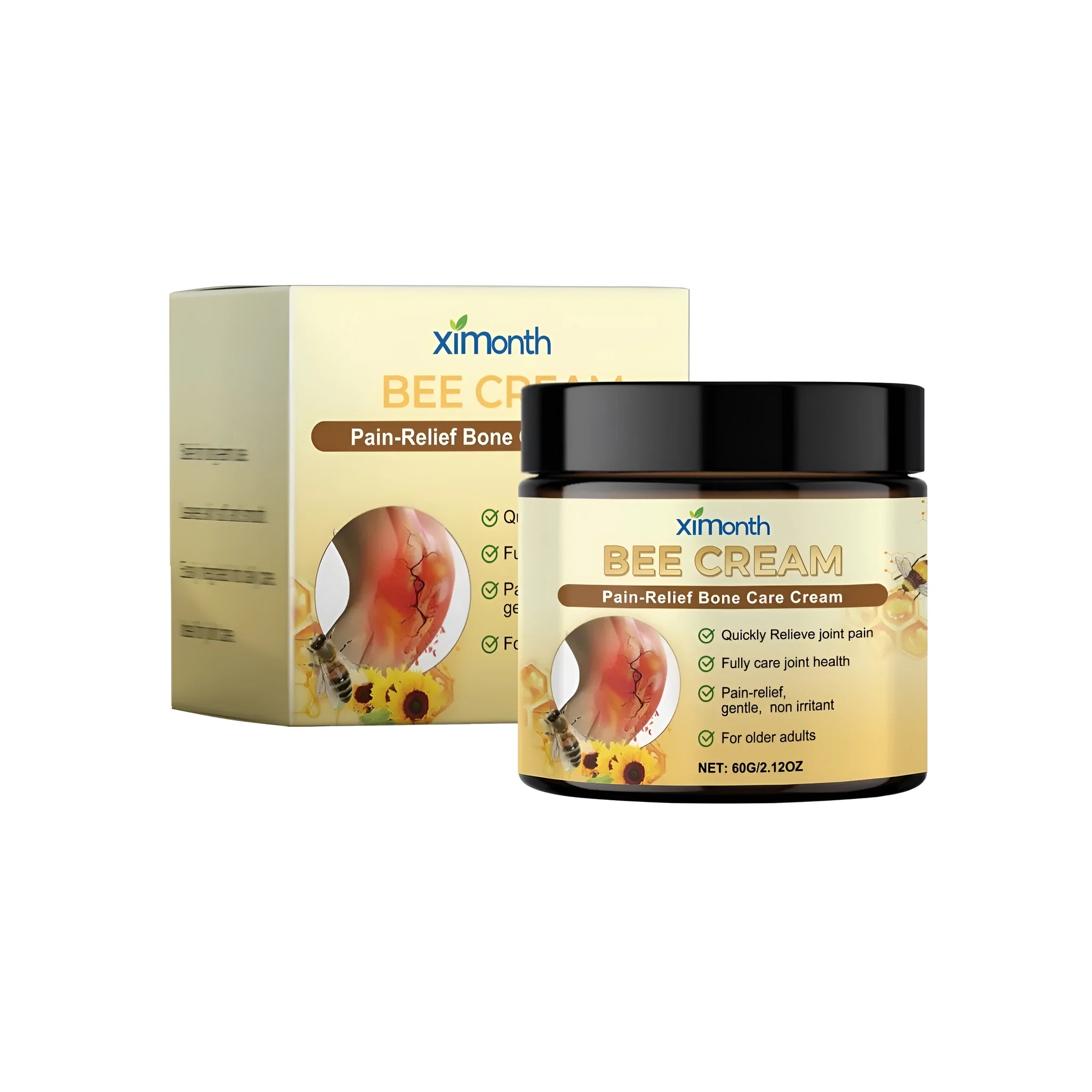60g tube of pain relief bone care cream with bee venom, arnica, and glucosamine.