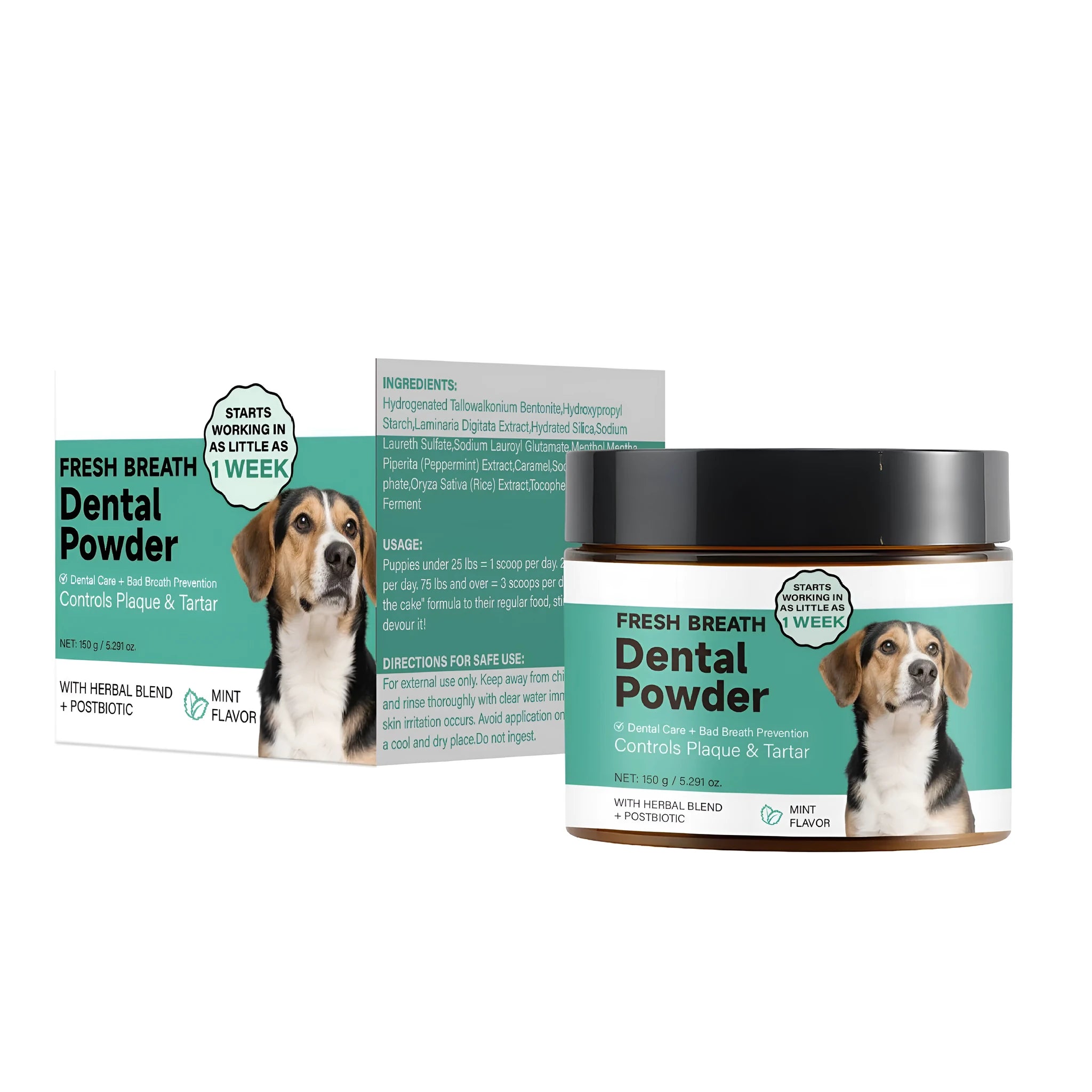 150g container of mint-flavoured dog tooth cleaning powder for dental care.