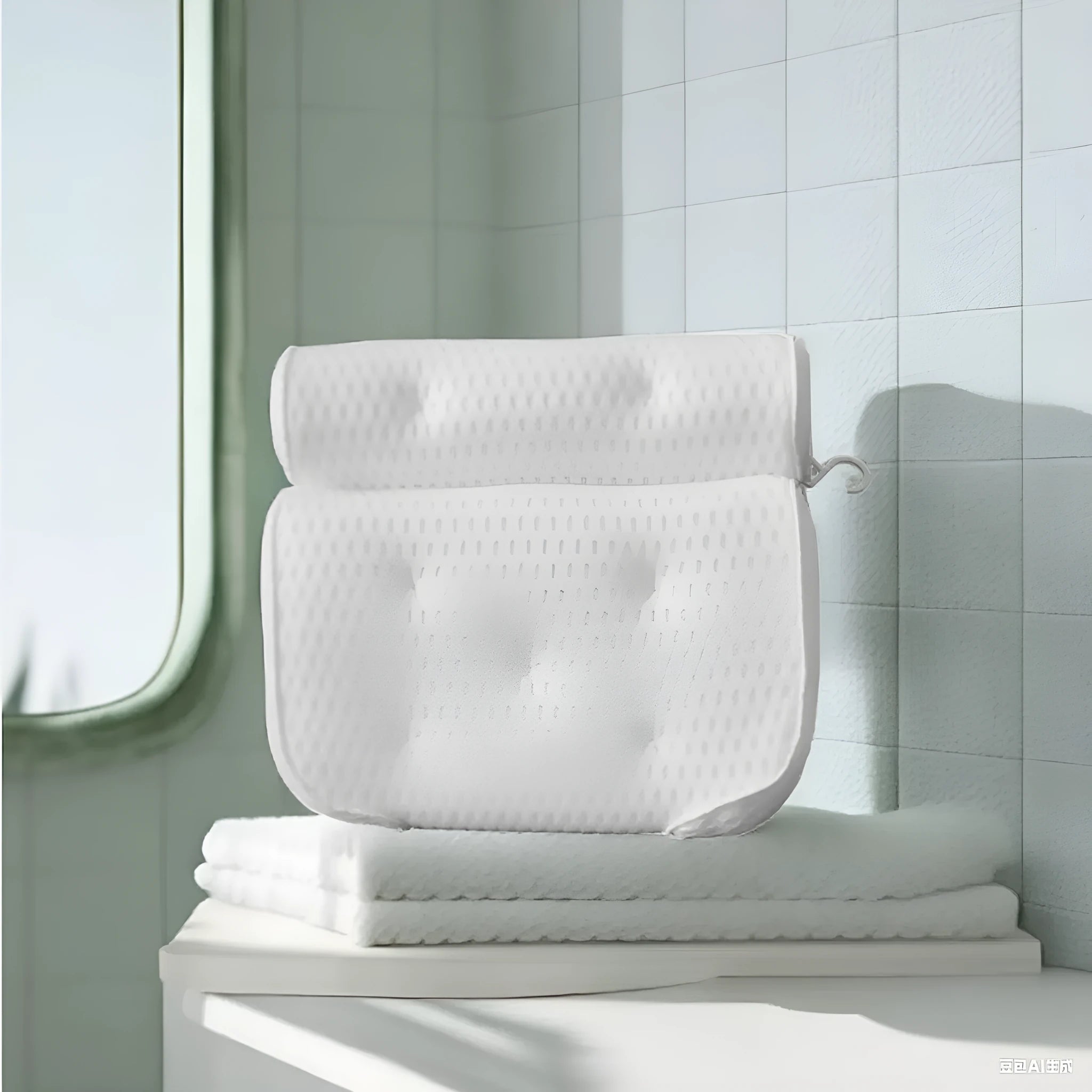 White bathtub pillow with mesh fabric and seven large suction cups on the back.