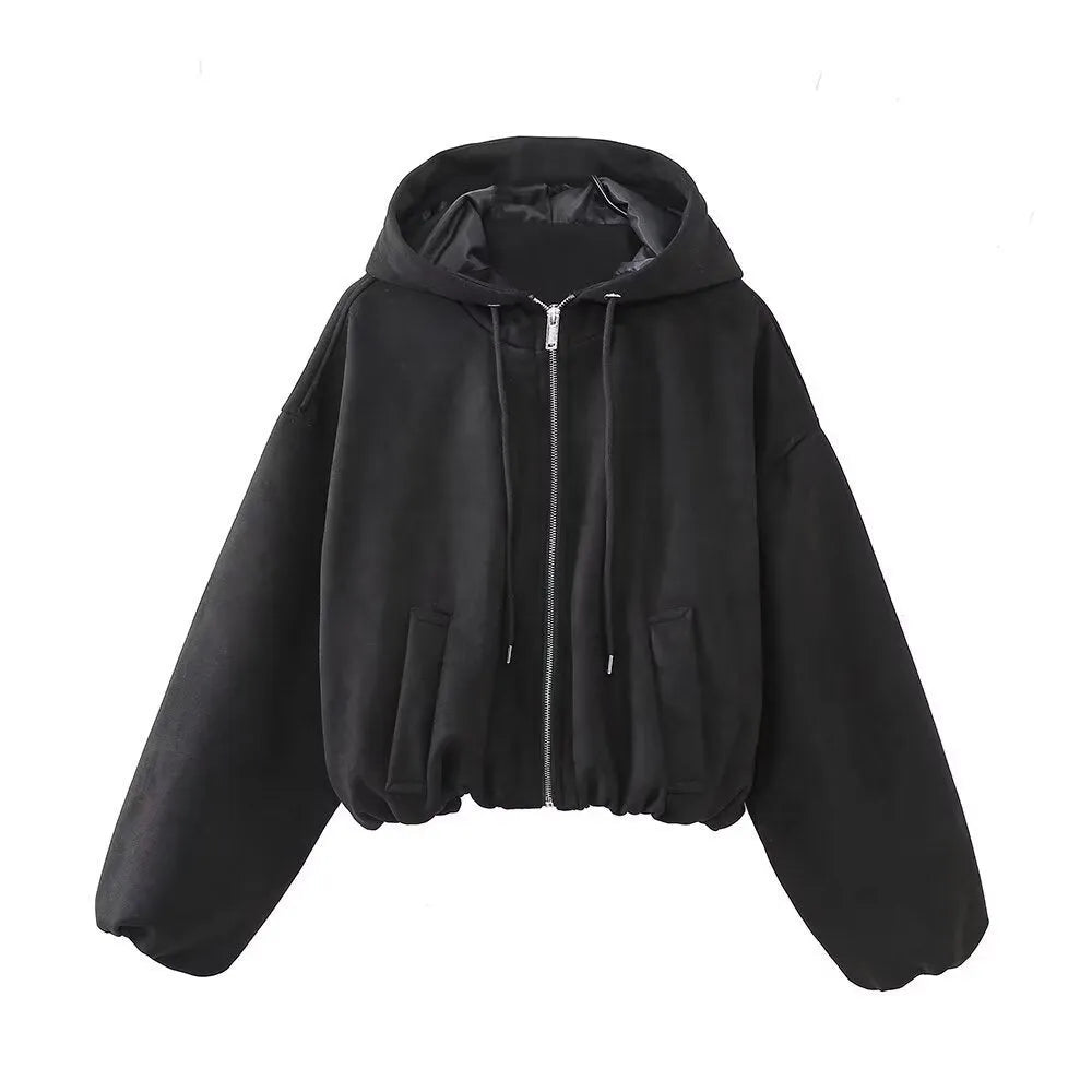 Women's suede hooded jacket in black or white colour showing casual styling and hood detail