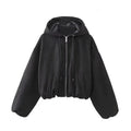 Women's suede hooded jacket in black or white colour showing casual styling and hood detail