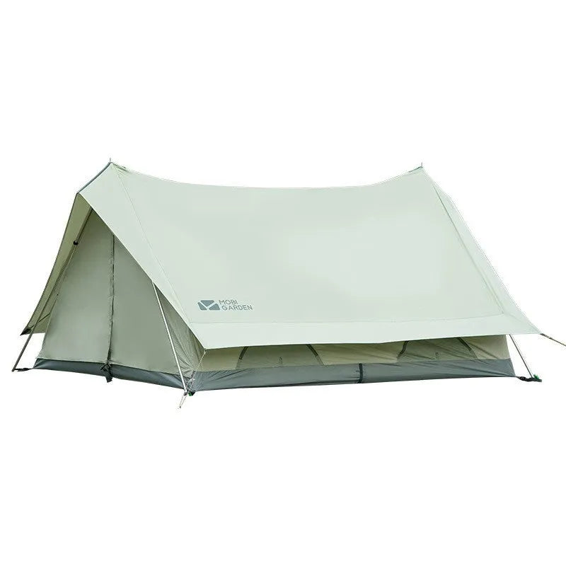 Large family camping tent in mountain green and ivory white with aluminium poles and Oxford base