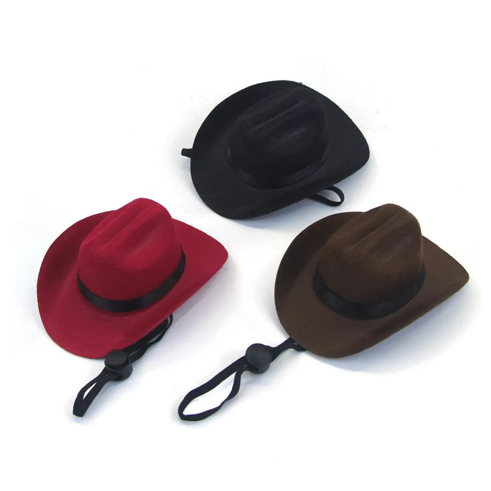 Brown adjustable fabric cowboy hat on a dog, showing rounded brim and headband strap.