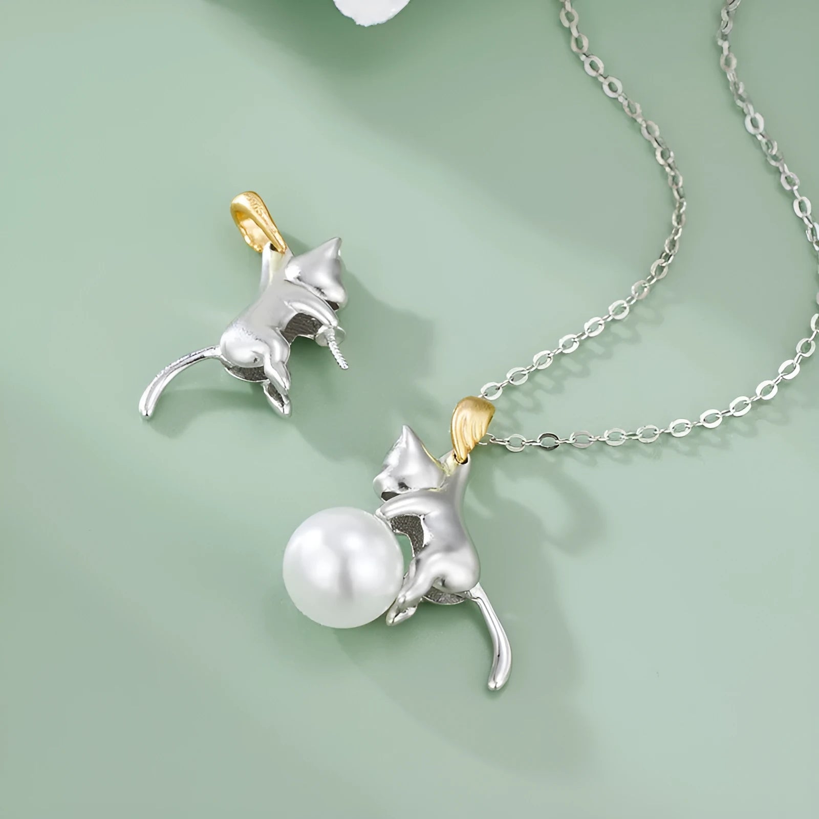 925 sterling silver clavicle chain necklace with cat pendant in multiple finish variations