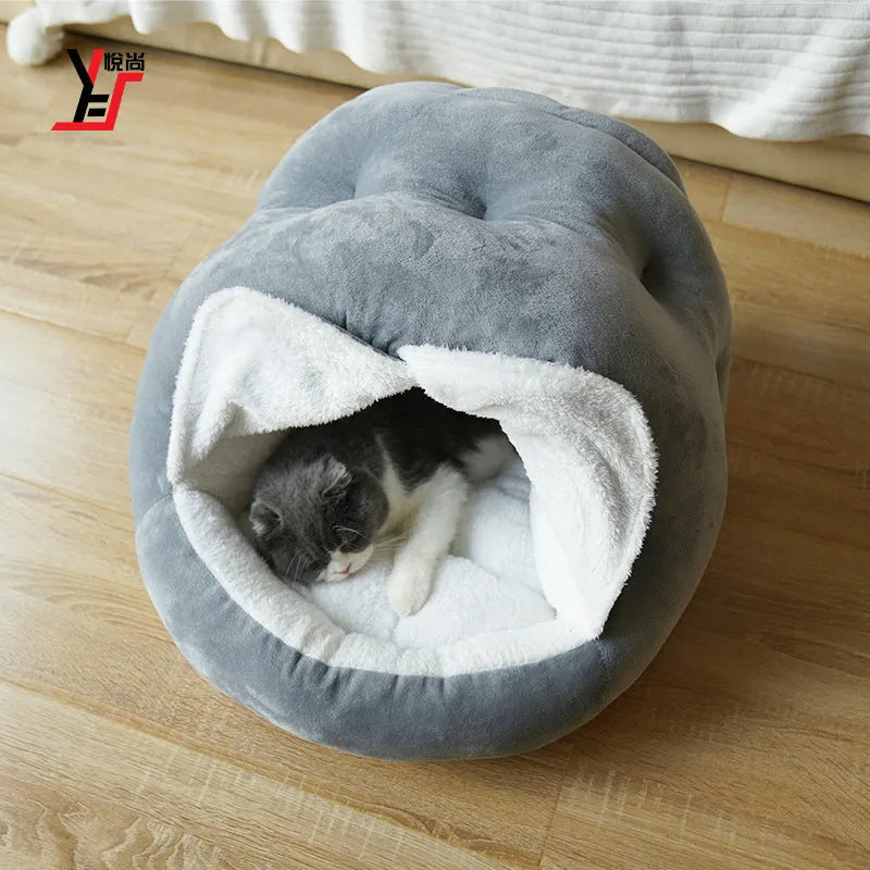 Semi-closed plush cat kennel with door curtain in Gray colour option