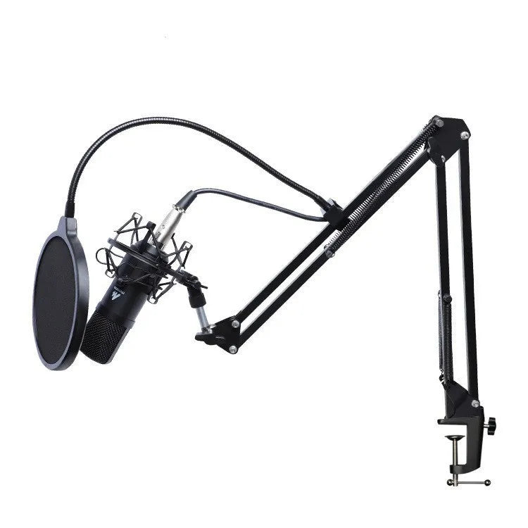 Black wired capacitor microphone on cantilever frame with shockproof support and sponge head for computer recording