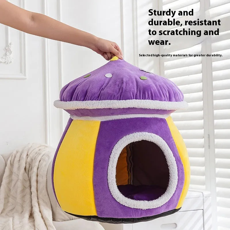 Grey mushroom-shaped plush cat nest with a round entrance, showing thick thermal lining and a separate blanket.