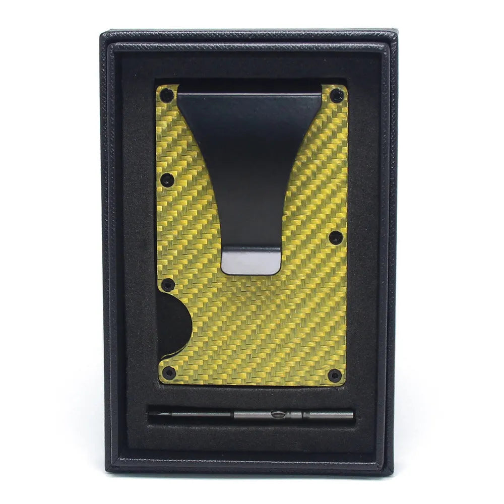 Geometric card holder in carbon fibre and aluminium, showing slim 8mm profile and capacity for multiple cards.