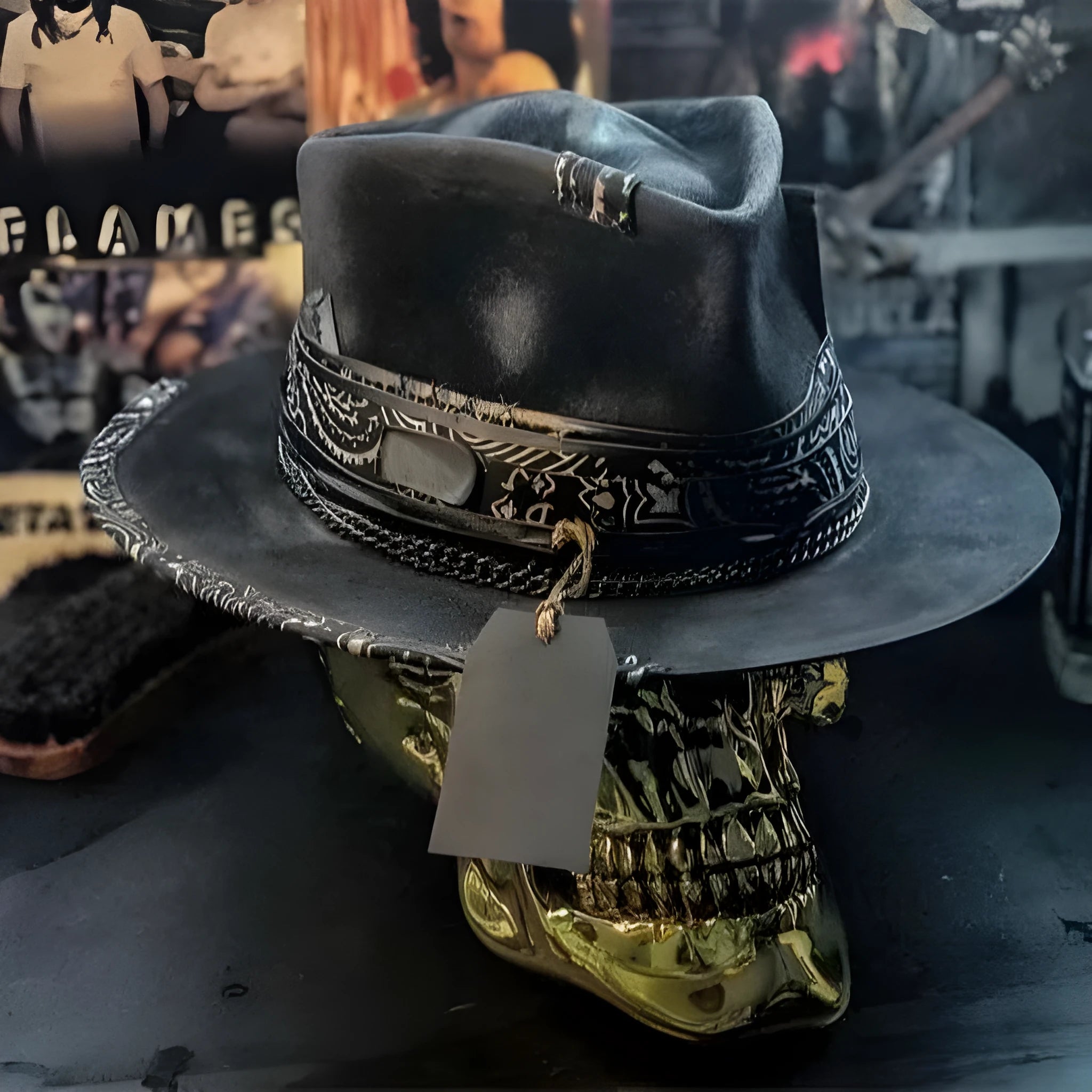 Handmade black wool felt skull hat with a pointed conical crown on a plain background.