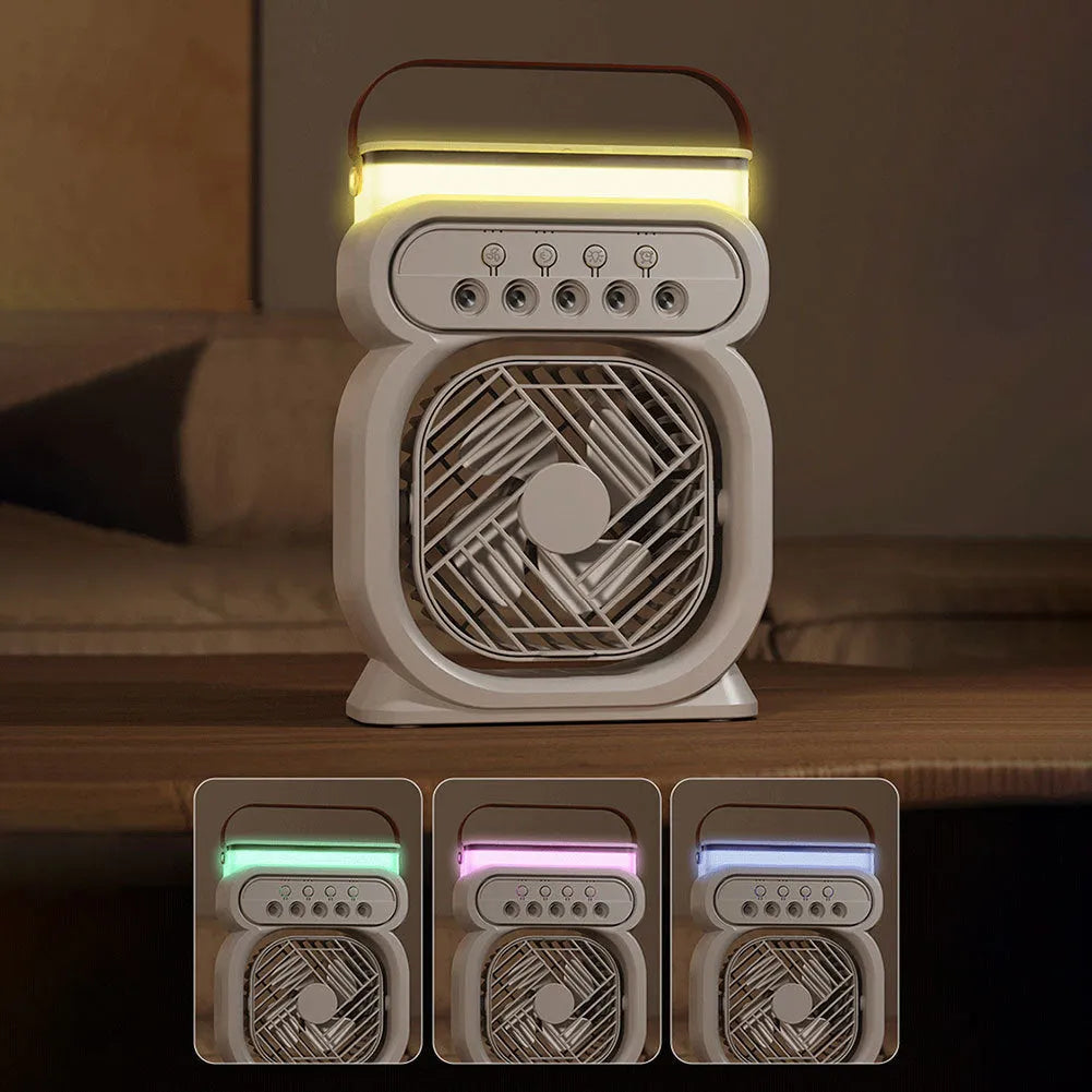 Black portable air cooler with LED lights, water tank, and USB cable on wooden desk