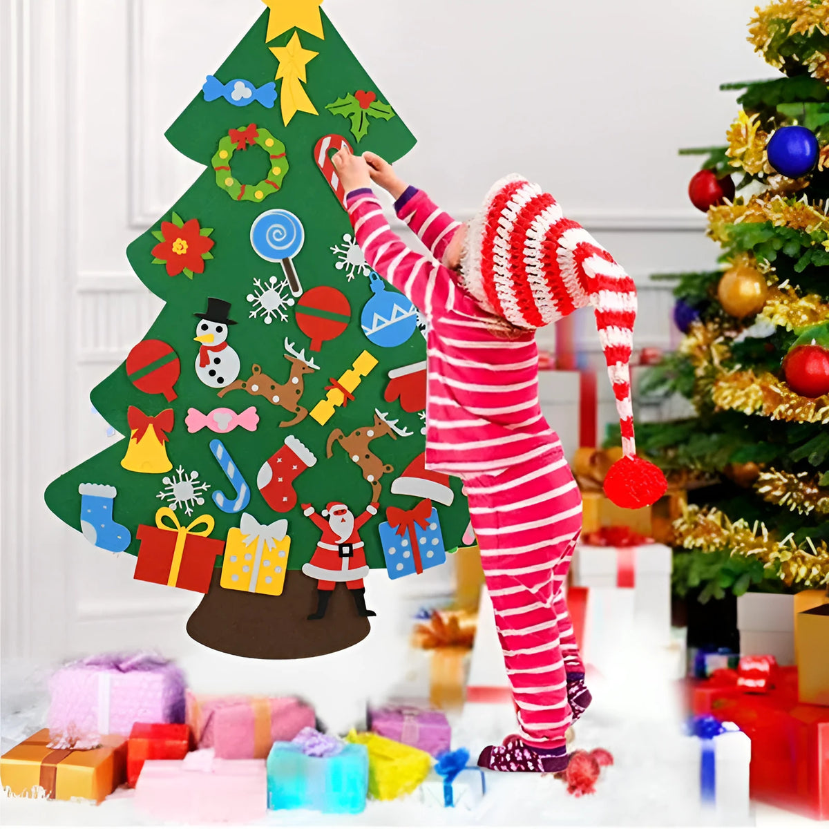 DIY felt Christmas tree ornament set for kids with 110cm width and multi-colour sections