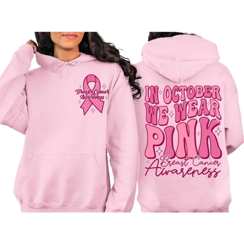 Breast Cancer Awareness pullover hoodie with retro art design and side pocket in pink colour