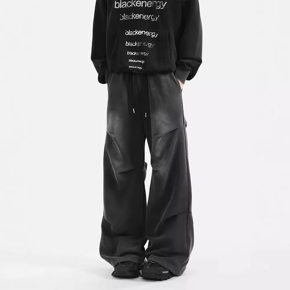 Men's cotton wide leg sweatpants with pleated front in black and gray, elastic waist casual trousers