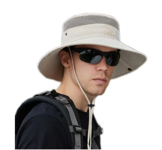 Solid colour big brim breathable mesh bucket hat for mountaineering outdoor protection in Army Green
