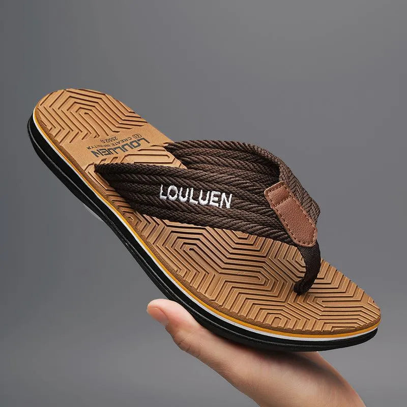 Men's black flip flops with an EVA upper and textured non-slip PVC sole.