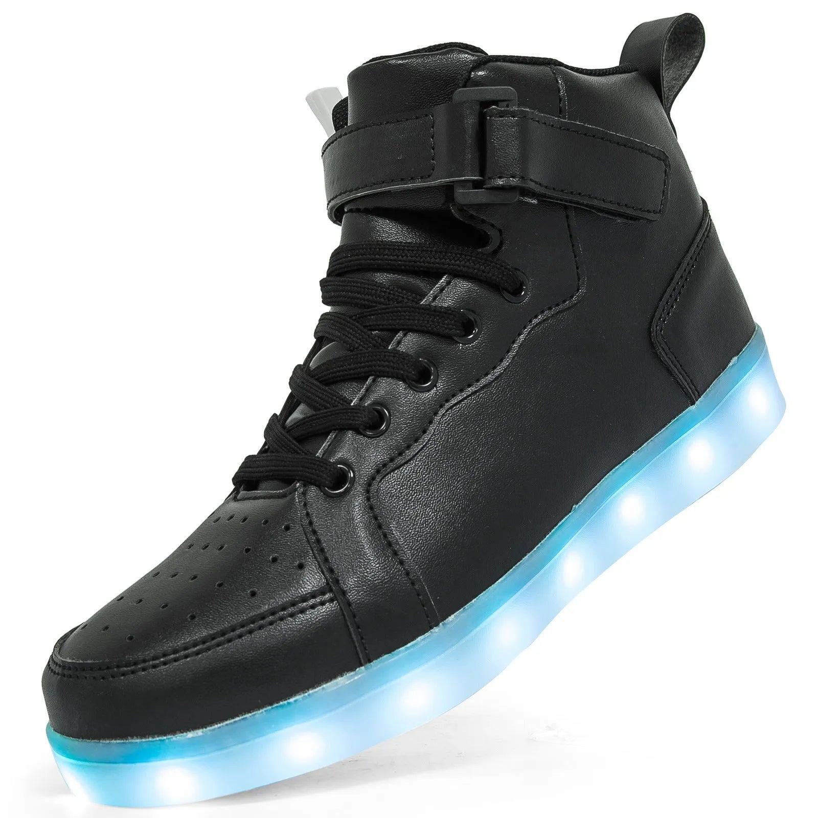 Black LED light-up high-top skate shoes with Velcro straps and glowing soles.