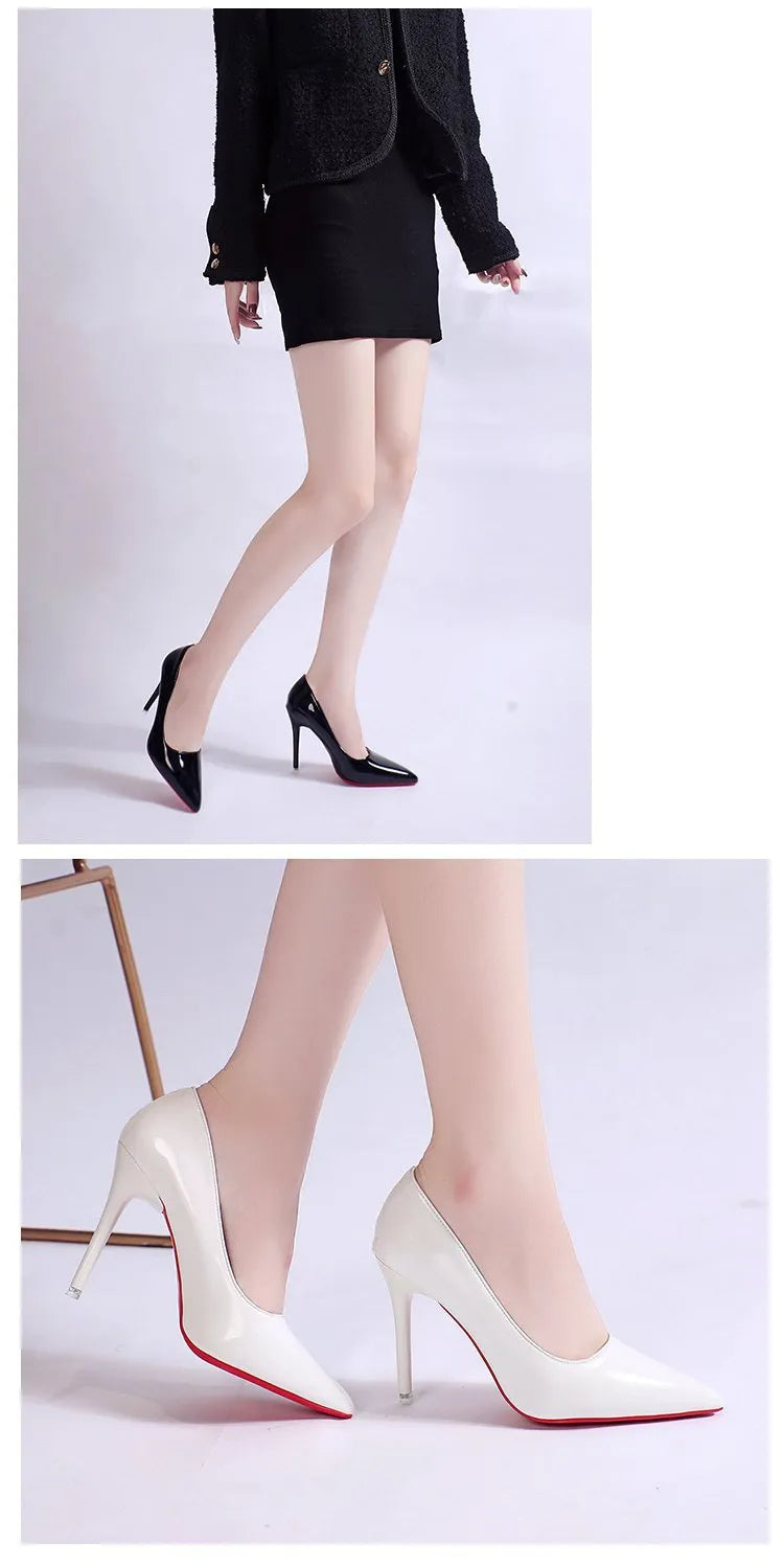 Women's black pointed toe stiletto pumps with a shallow mouth design on a white background.