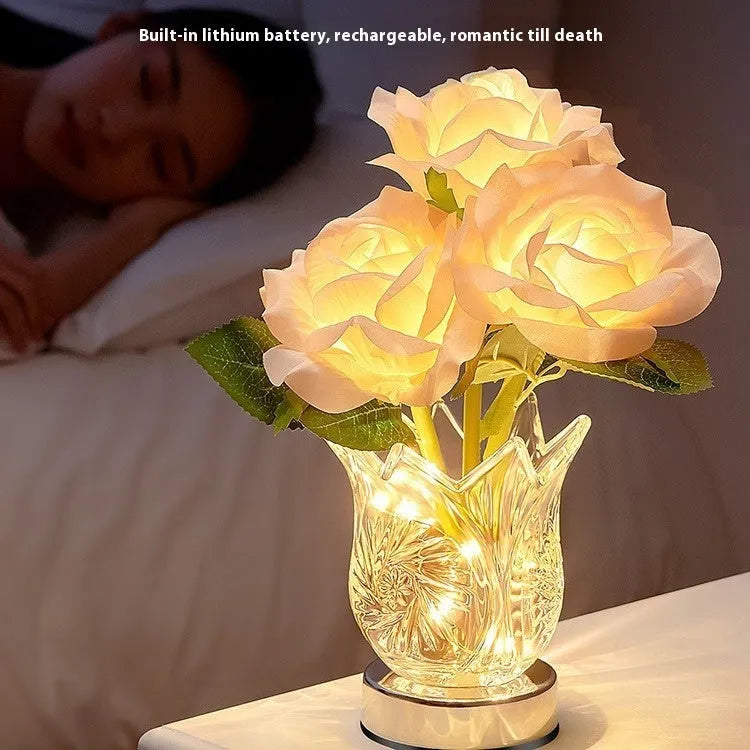 Crystal flowers table lamp with touch dimming control on bedside table