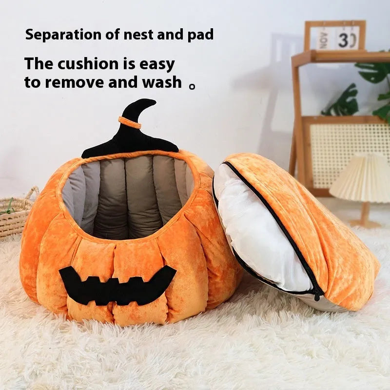 Orange and black pumpkin-shaped cloth cat bed for winter warmth and Halloween pet styling