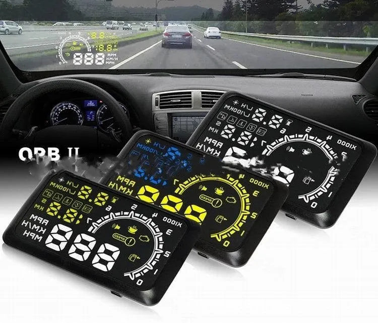 Black ABS head up display with multicolour nanotechnology screen on a non-slip mat for OBD II cars