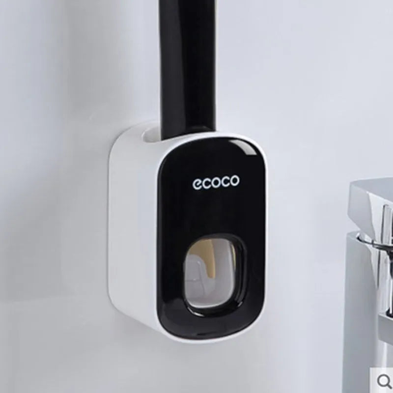 Wall mounted automatic toothpaste dispenser with toothbrush holder and mouthwash cup in black plastic