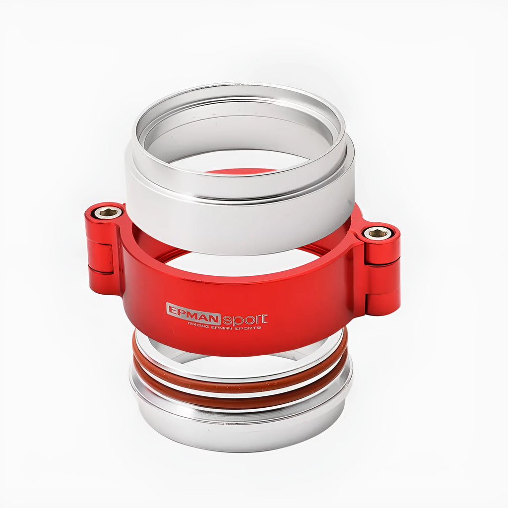 Aluminium fixed movement clamp for car exhaust in black, blue, or red, shown in 2 inch, 2.5 inch, and 3 inch sizes.