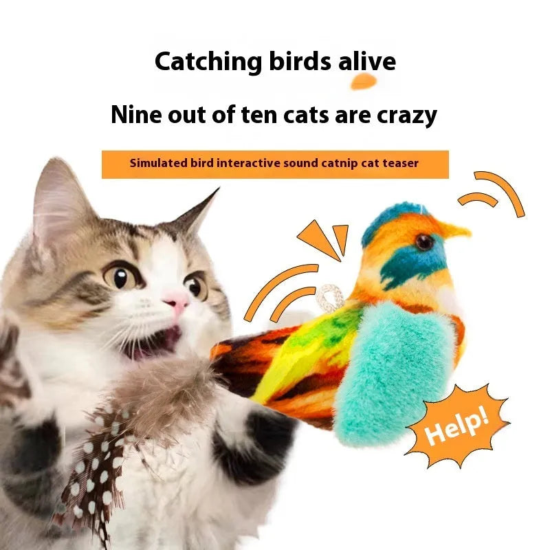 Plush bird simulation cat toy in blue kingfisher colour on a white background.