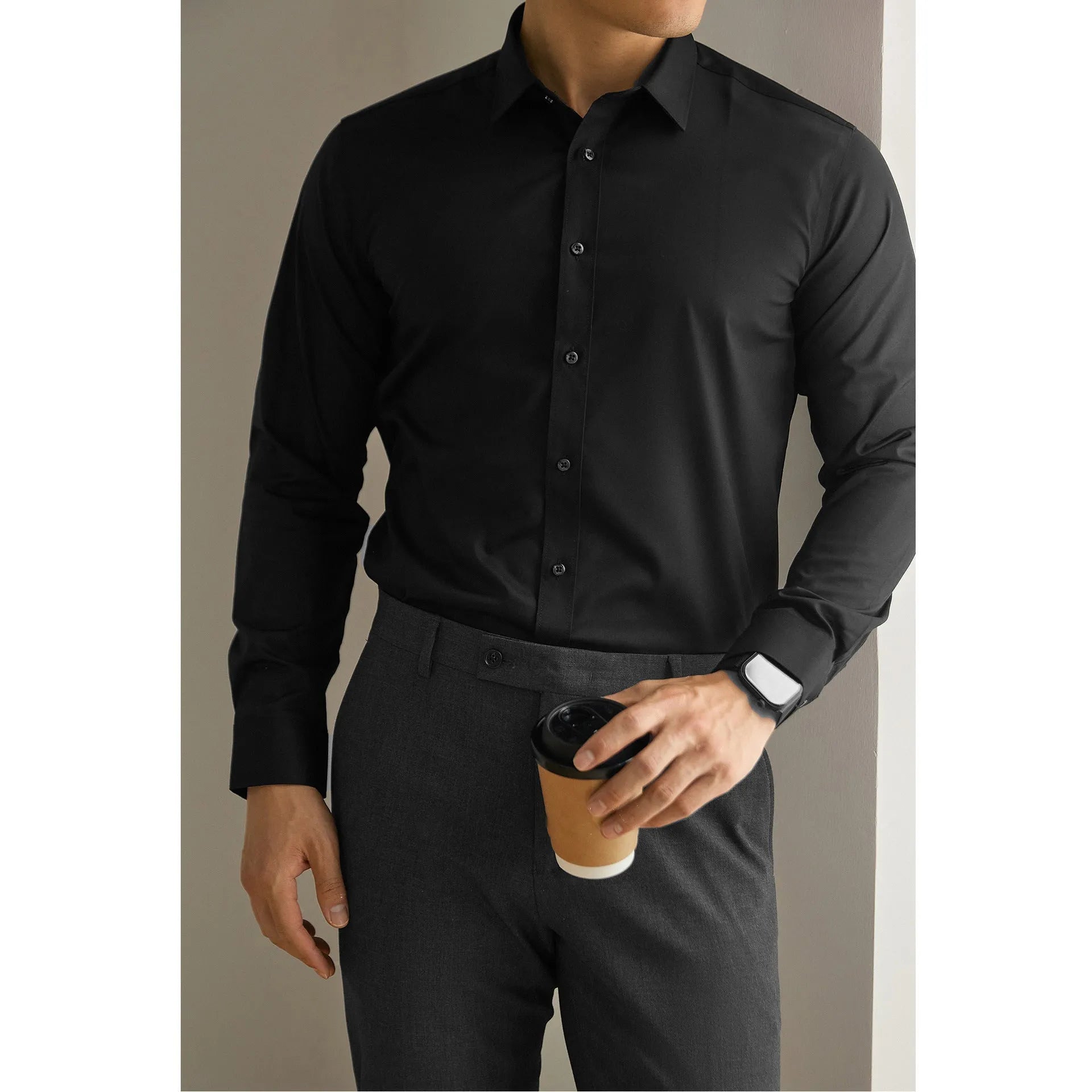 Men's ironing free long sleeve shirt in solid colour polyester, available in multiple colours and sizes M to 6XL