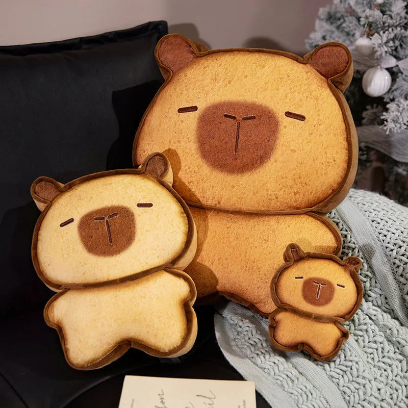 Toast kitty plush toy in caramel or light brown with soft PP cotton filling, available in 17cm, 30cm, and 50cm heights.