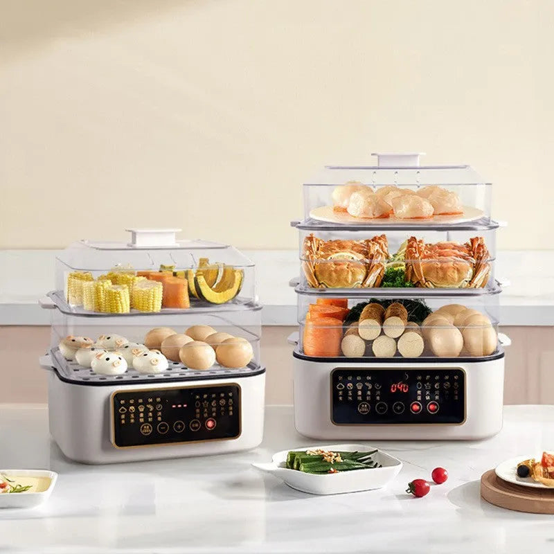 Stainless steel electric food steamer with 10-litre capacity and automatic water measurement function