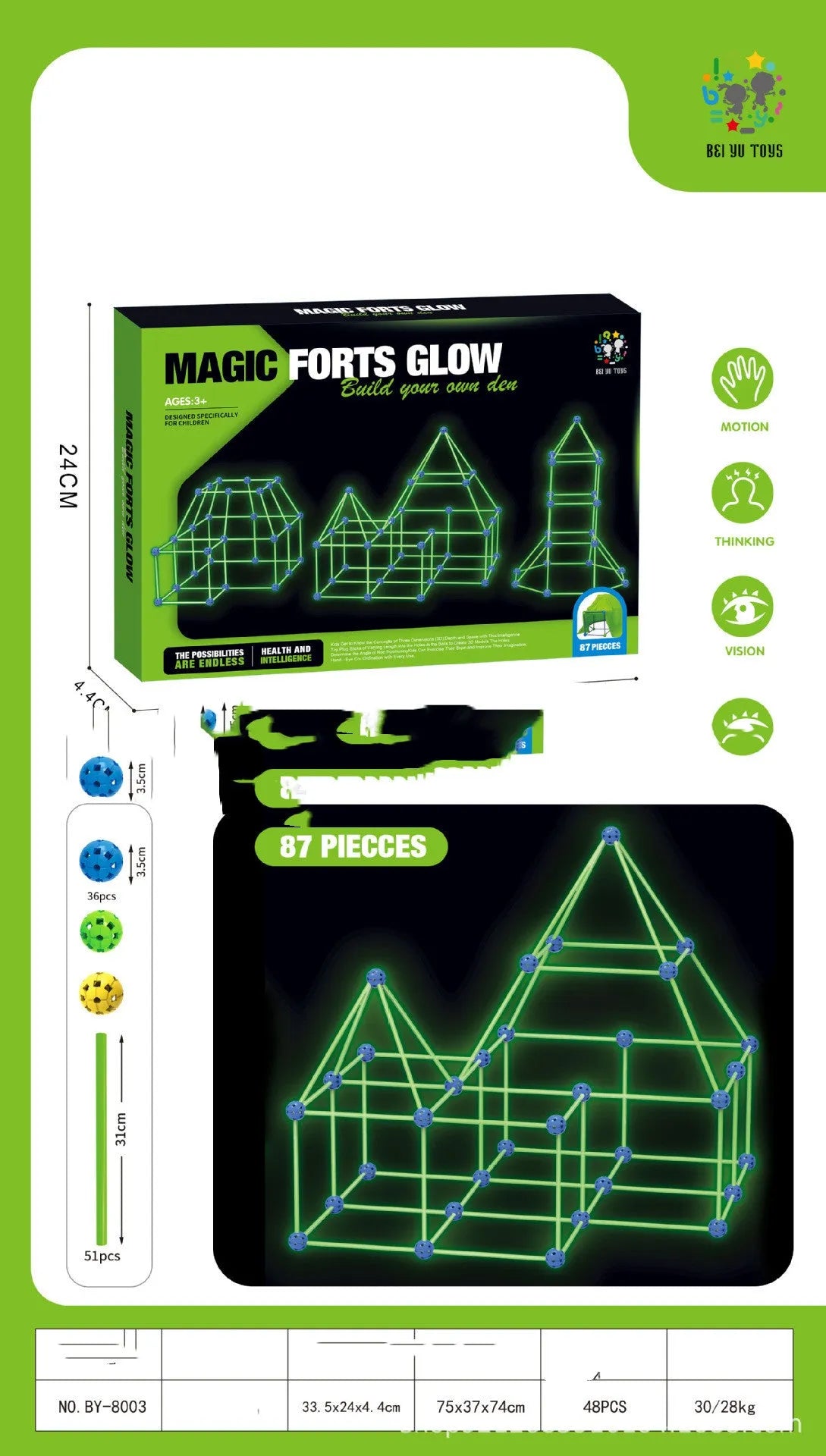 Luminous plastic fort building kit for kids with connecting sticks, balls, and storage bag.