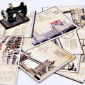 Nine postcards with retro Paris Tower minimalist cartoon illustrations in Japanese style