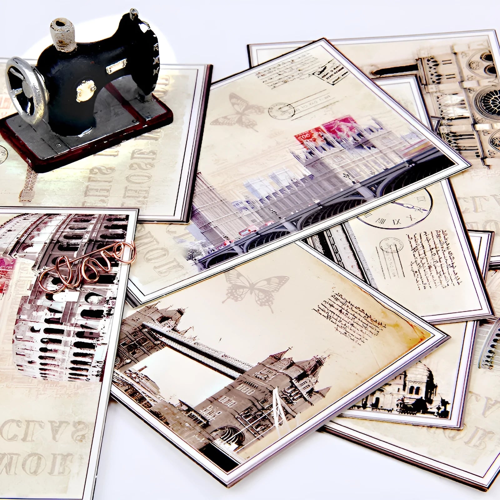 Nine postcards with retro Paris Tower minimalist cartoon illustrations in Japanese style