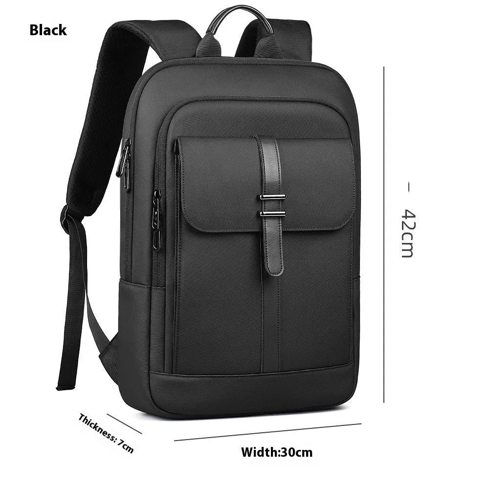 Black Oxford cloth backpack with visible stitching, shown on a neutral background