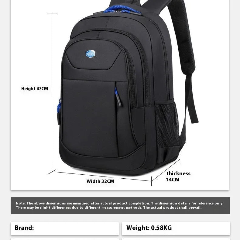 Solid colour Oxford cloth laptop backpack with curved shoulder straps and multi-layer compartments.