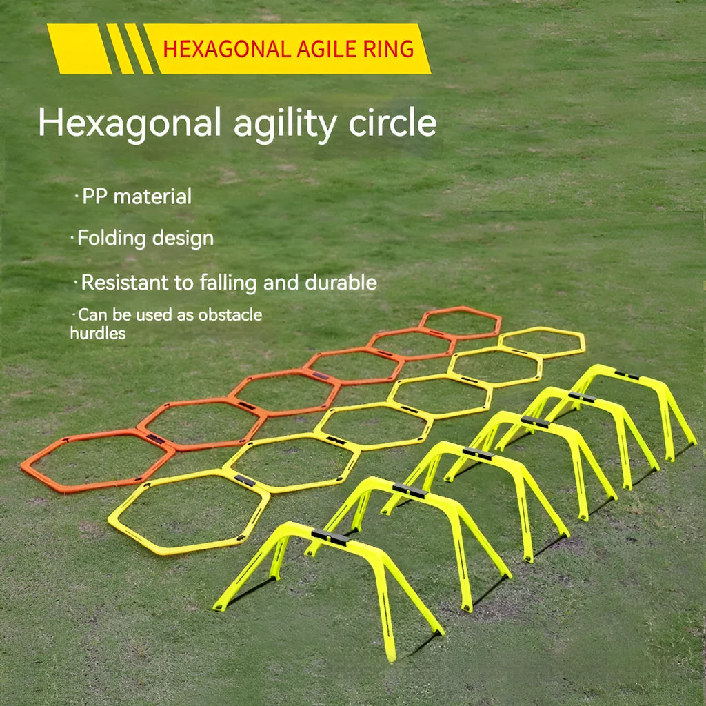 Set of six foldable hexagonal football agility training rings in yellow, green, and orange colours.
