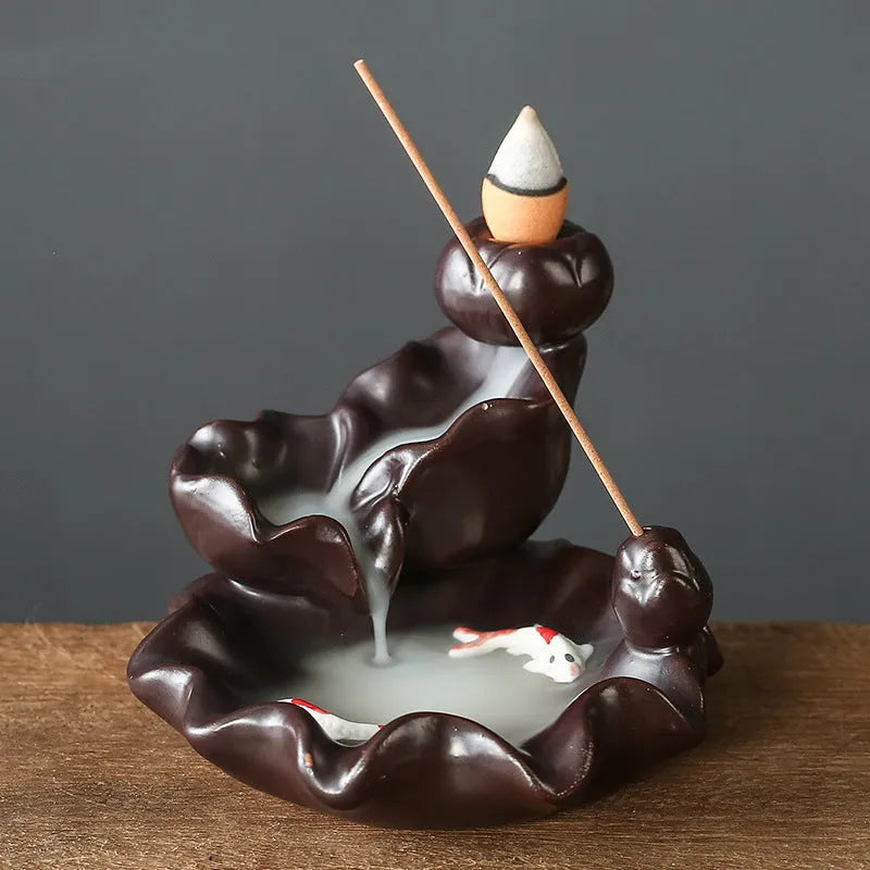 Ceramic backflow incense burner with detailed tree design in green, mangrove, pink, or white colour options