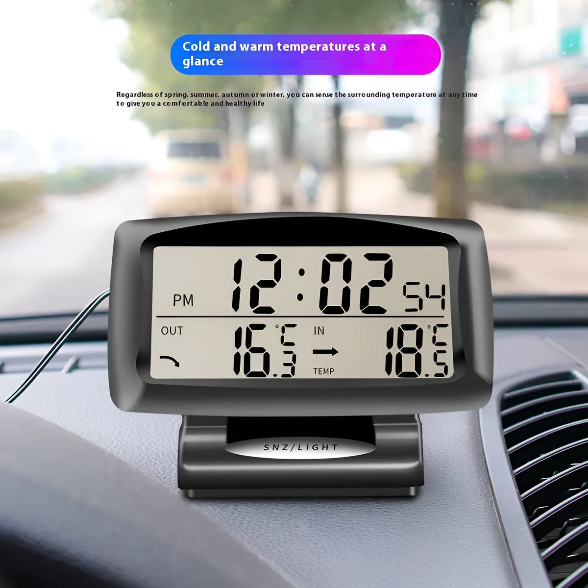 Black SH-350 vehicle mounted dual thermometer clock with inside and outside temperature display, 85 x 24mm