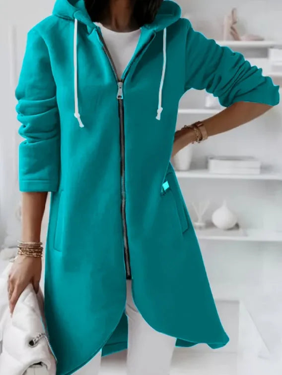 Personality Street zip hooded long velvet lining sweatshirt in grey, front view, with pockets and stitching details