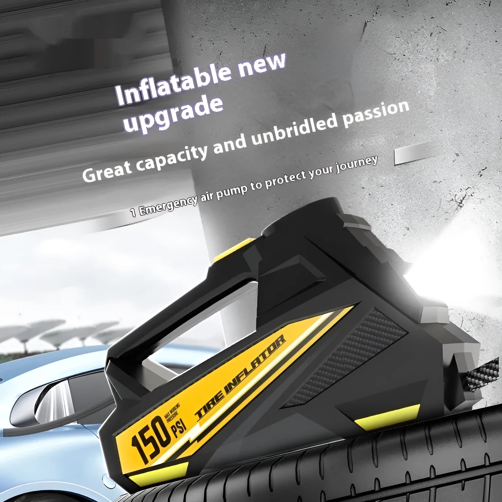 Black portable car tyre inflator with digital display and 12V power cable