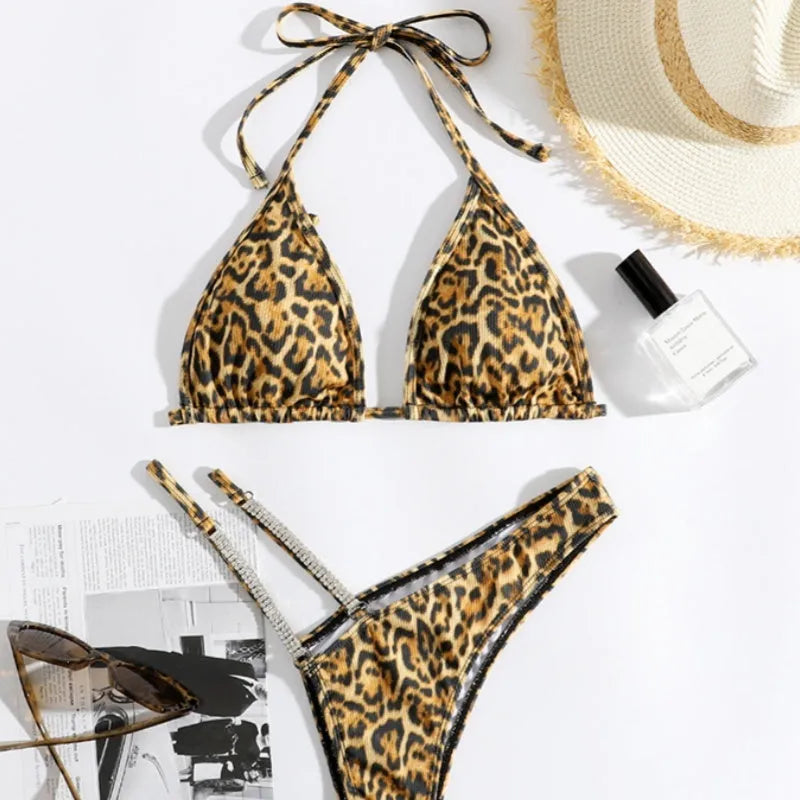 Leopard print bikini set for women with split brief design in four colours sizes S M L