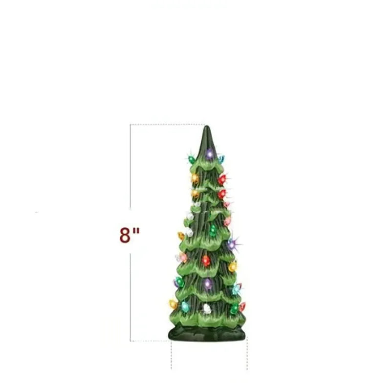 A European-style resin Christmas tree ornament with integrated coloured or warm LED lights, shown in 20cm, 25cm, and 30cm sizes.