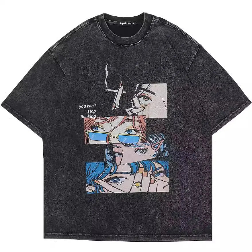 Men's washed black cotton T-shirt with cartoon print and loose fit short sleeves