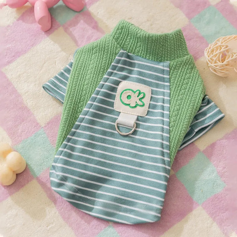 Cute striped dog shirt with metal belt loop, green and blue-green stripes, on a small dog