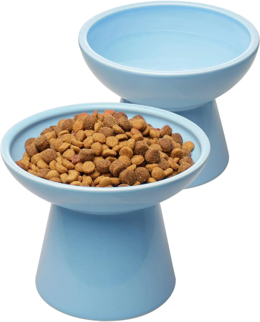 Ceramic elevated cat food and water bowl set in blue, showing wide shallow dish and raised base.