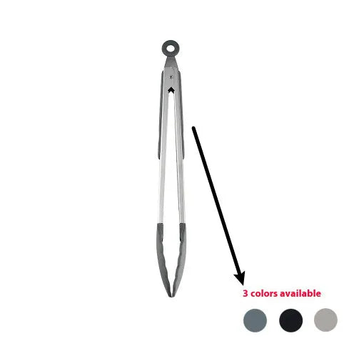 Silicone kitchen utensil set with twelve tools in a rotating white storage caddy on a counter.