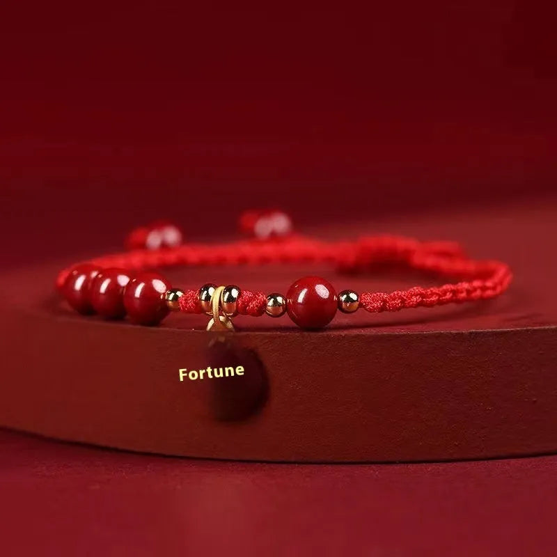 Cinnabar braided rope bracelet with traditional blessing card in ethnic style for unisex wear