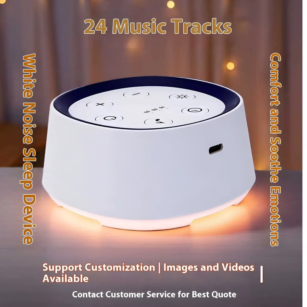 White rechargeable baby crying induction night light with timer and music function on a wooden shelf